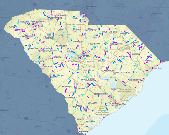 A South Carolina map with 2024-2025 pavement projects marked.  Clicking the image will take you to an interactive mapping application with more details.  The same information is available as a pdf list on this page. 