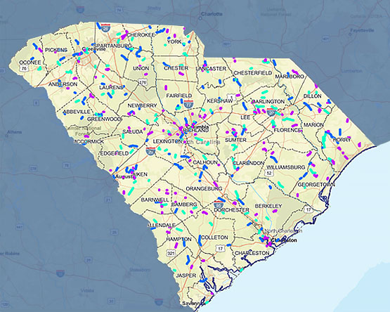 A South Carolina map with 2024-2025 pavement projects marked.  Clicking the image will take you to an interactive mapping application with more details.  The same information is available as a pdf list on this page. 