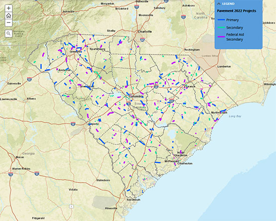 A South Carolina map with 2021-2022 pavement projects marked.  Clicking the image will take you to an interactive mapping application with more details.  The same information is available as a pdf list on this page. 