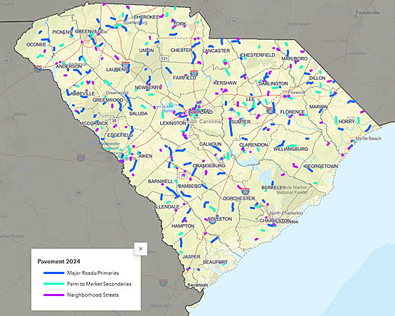 A South Carolina map with 2022-2023 pavement projects marked.  Clicking the image will take you to an interactive mapping application with more details.  The same information is available as a pdf list on this page. 
