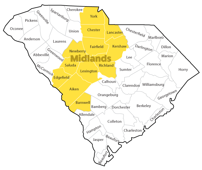 Map of SC highlighting midlands region. Counties include: York, Chester, Lancaster, Fairfield, Kershaw, Newberry, Richland, Lexington, Saluda, Edgefield, Aiken, Barnwell