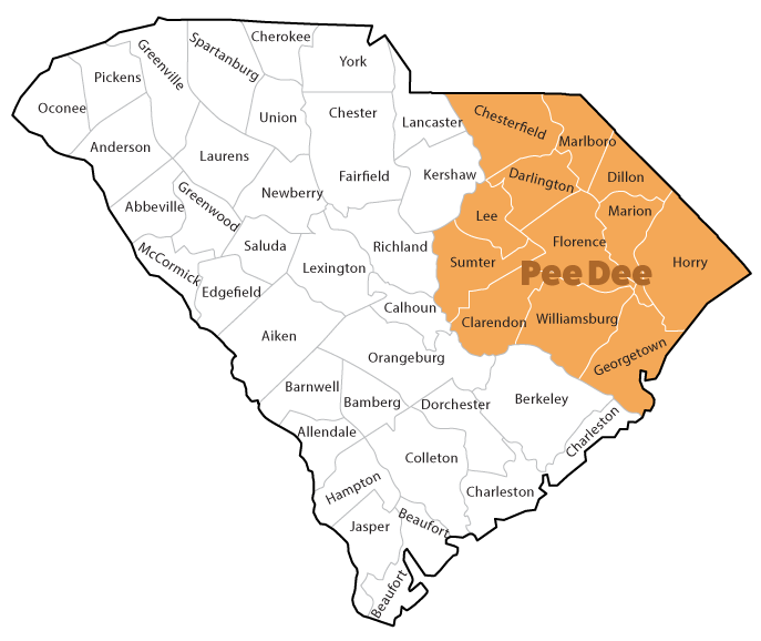 Map of SC highlighting Pee Dee region. Counties include: Chesterfield, Marlboro, Dillon, Marion, Horry, Georgetown, Williamsburg, Florence, Clarendon, Sumter, Lee, Darlington