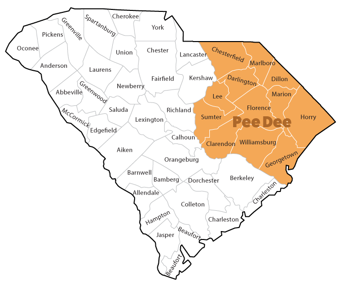 Map of SC highlighting peedee region. Counties include: Oconee, Pickens, Greenville, Spartanburg, Cherokee, Union, Laurens, Greenwood, McCormick, Abbeville, Anderson