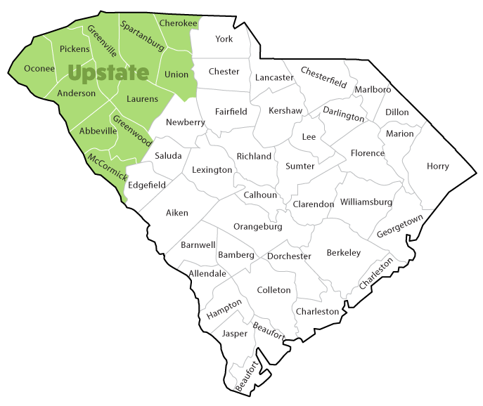 Map of SC highlighting upstate region. Counties include: Oconee, Pickens, Greenville, Spartanburg, Cherokee, Union, Laurens, Greenwood, McCormick, Abbeville, Anderson
